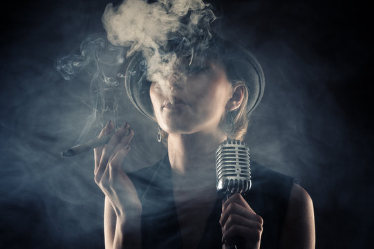 jazz singer woman with cigar and microphone