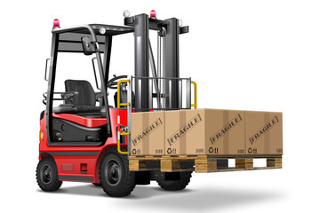 Gabelstaple mit Fracht rot, scharz, freigestellt