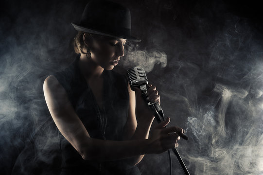 jazz singer woman with retro microphone