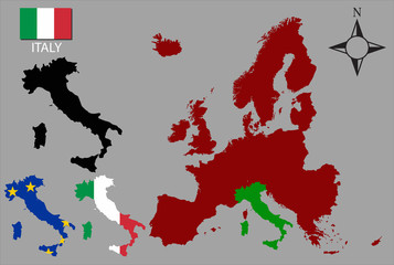 Italy - Three contours, Map of Europe and flag vector