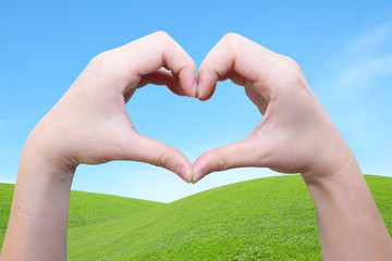 hand in heart shape on the green field