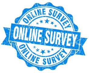 online survey blue grunge seal isolated on white