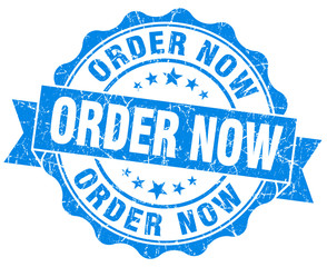 order now blue grunge seal isolated on white