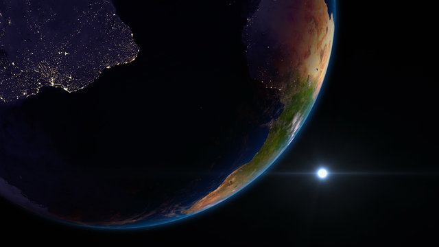 Earth view from space with night city lights. South America.