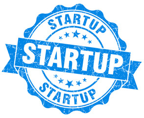 startup blue grunge seal isolated on white