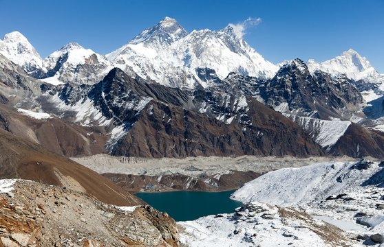 View of Everest, Lhotse and Makalu from Renjo La pass