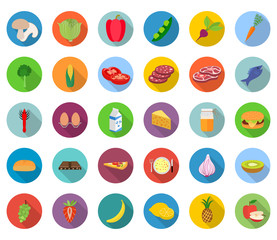 Set of food icons in flat design with long shadows