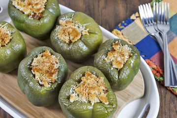 Green bell peppers stuffed with rice and ground beef