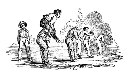 Fototapeta na wymiar 19th century engraving of boys playing leapfrog