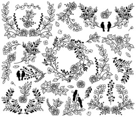 Valentine's Day or Wedding Themed Laurel and Floral Vectors - 77092583