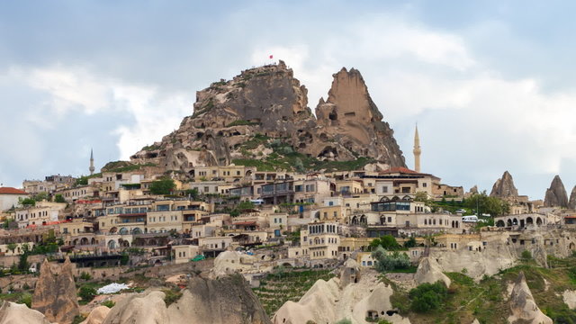 Timelapse view (zoom in) of Uchisar Castle cave houses.