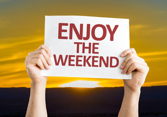 Enjoy the Weekend card with a sunset background