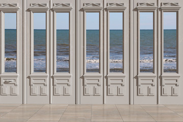 Vista 3D di finestra con sfondo il mare