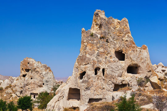 Uchisar cave city in Cappadocia Turkey