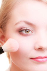 Part of woman face applying rouge blusher makeup detail.