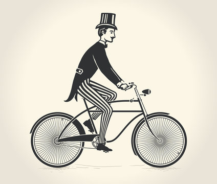 Vector illustration of gentleman ride a vintage bicycle