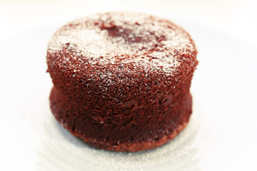 Hot chocolate pudding with fondant centre on plate, close-up