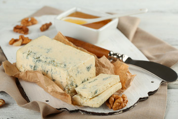 Still life with tasty blue cheese, close up