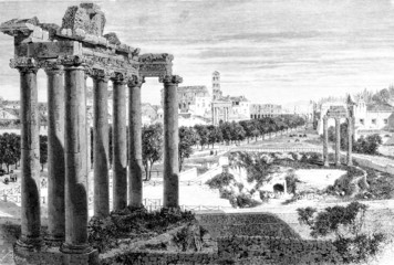 Fototapeta na wymiar Victorian engraving of a view of the Roman Forum, Rome