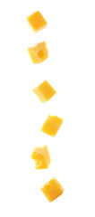 Fototapeta na wymiar Cubes of cheese isolated on white background