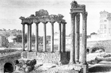 Victorian engraving of a view of the Roman Forum, Rome
