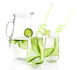 Water with cucumber isolated on white