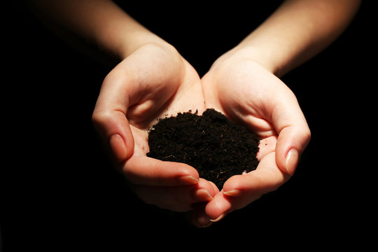 Handful of soil on dark background