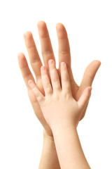 Fototapeta premium Heart in child and father hands isolated on white