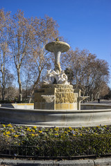Classic fountain in the Retiro park , Madrid Spain