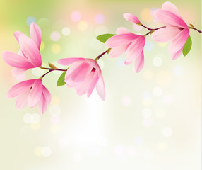 Obraz premium Spring background with blossom brunch of pink flowers. Vector