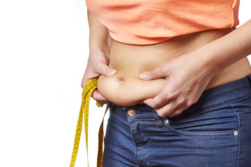Woman with measuring tape showing fatty deposits