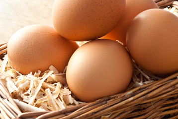 Egg on sawdust with old basket is over on wooden background