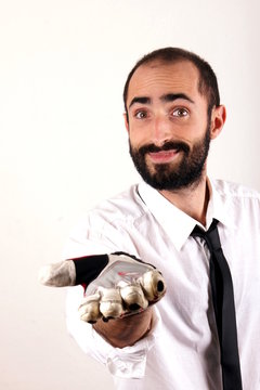 Businessman wearing sports gloves