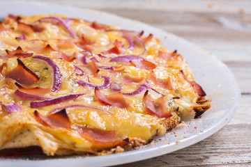 Delicious ham, onion and cheese pizza on plate