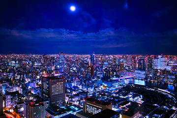 Obraz premium Nocny widok nocy w pełni księżyca w centrum Tokio