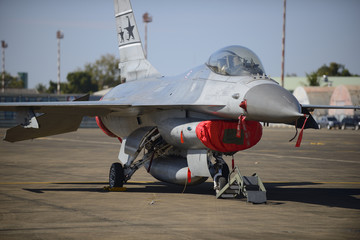 F 16 military aircraft parked in the airport and flight show at Wing 21, Ubon Ratchathani  Thailand. on January 11, 2015 