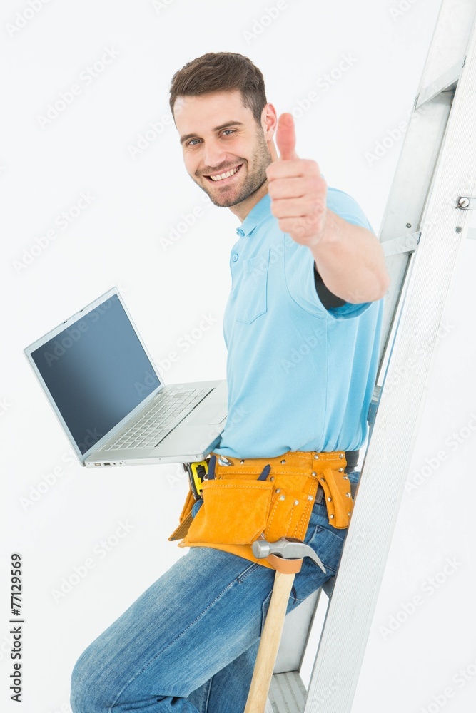 Poster construciton worker gesturing thumbs up while leaning on ladder