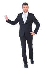 Businessman smiling with hands up