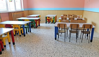 large refectory of kindergarten with tables and chairs