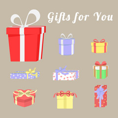 Set of colorful gift boxes and ribbons