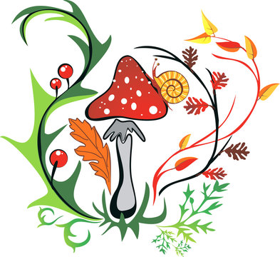 amanita with snail surrounded by colorful leaves