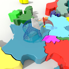 Mappa Europa 3D colore con Eiffel piegata sopra la Germania © albasu