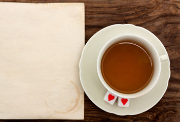 tea cup saucer paper old sugar heart valentine's background