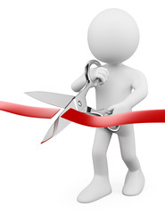 3D white people. Man with scissors cutting red ribbon