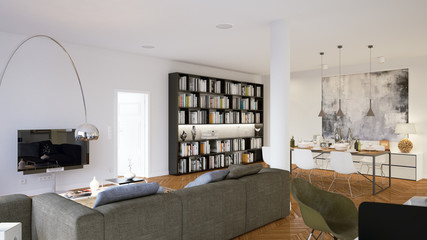 wohnzimmer mit Bücherregal und sofa - living room with bookshelf