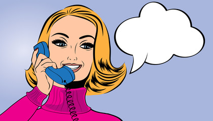 pop art cute retro woman in comics style talking on the phone - 77143557