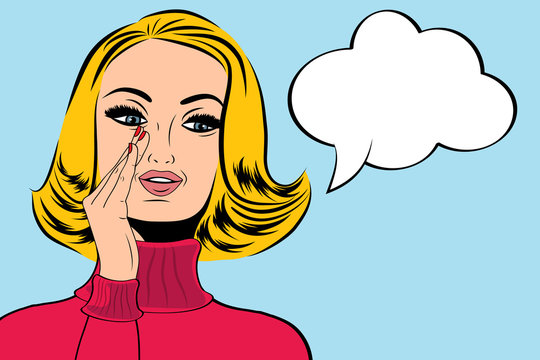 pop art cute retro woman in comics style with message