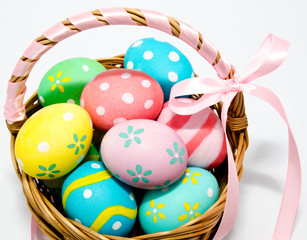 Colorful handmade easter eggs in the basket isolated