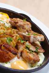 fried meat with potatoes and egg