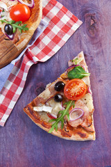 Delicious fresh pizza served on wooden table